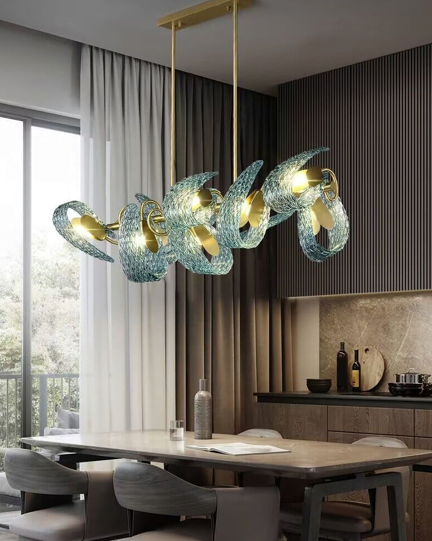 WOMO Lustre Lineaire Petale en Verre Bleu-WM2213c