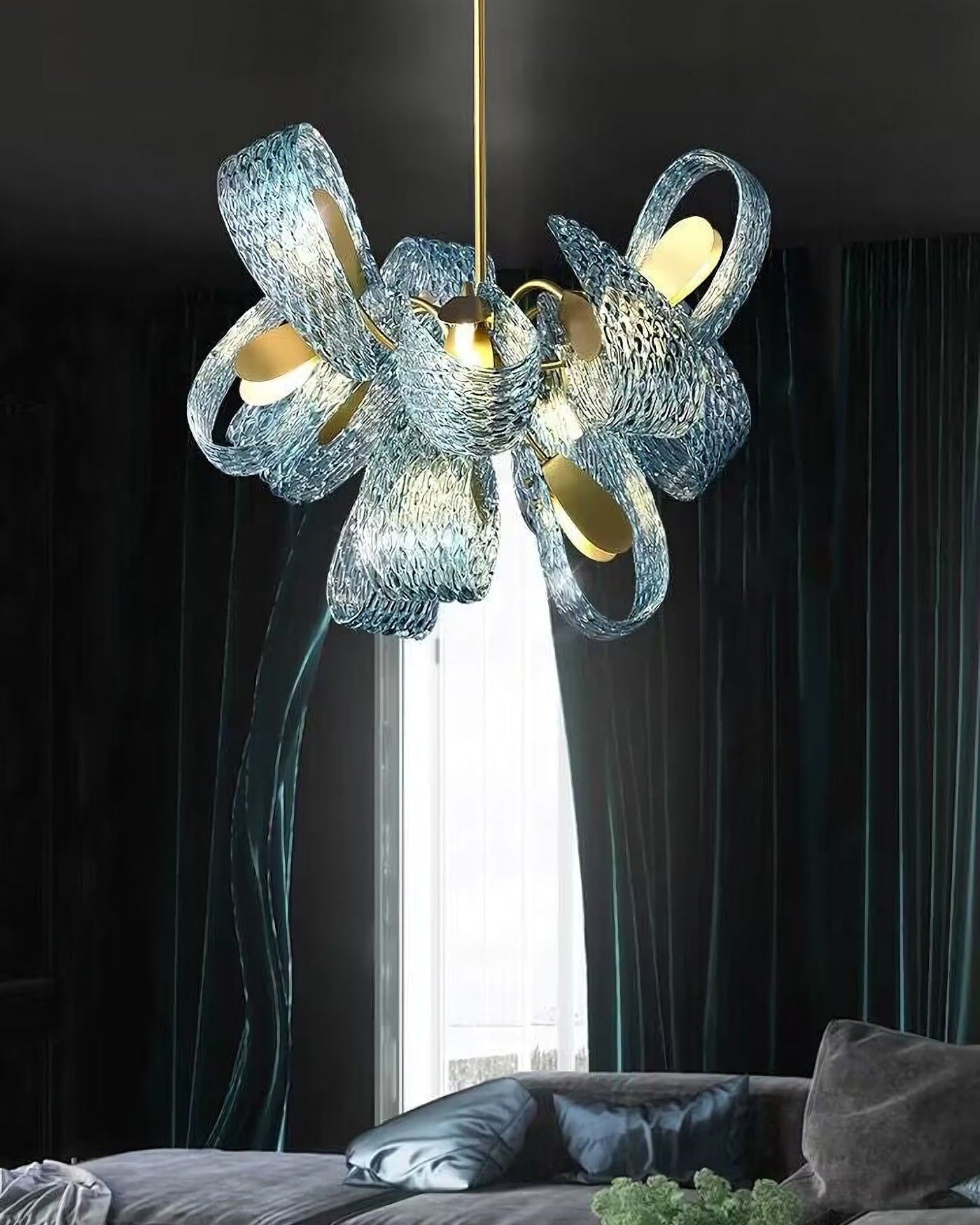 WOMO Lustre Fleur Verre Bleu Art Deco-WM2213b