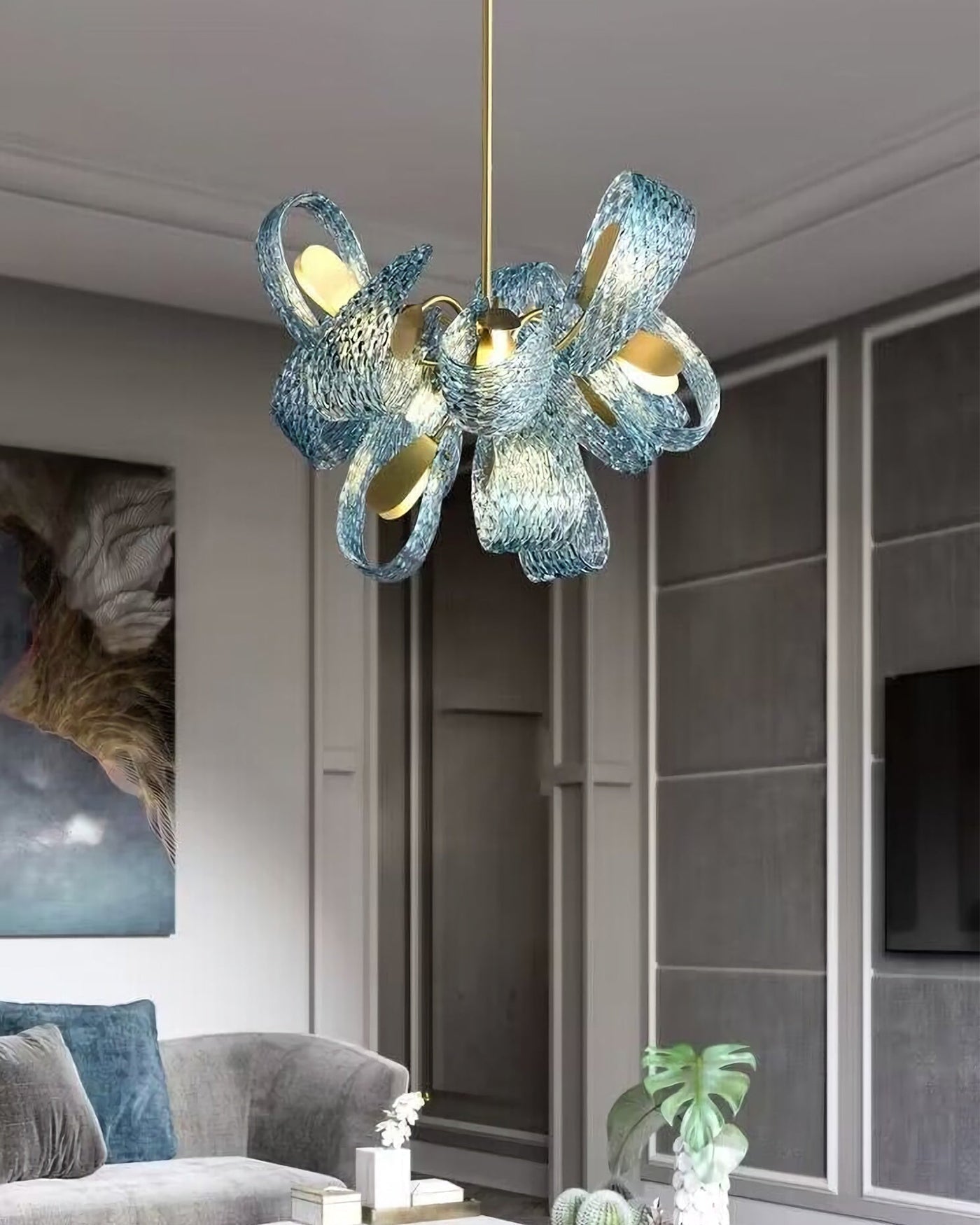 WOMO Lustre Fleur Verre Bleu Art Deco-WM2213b